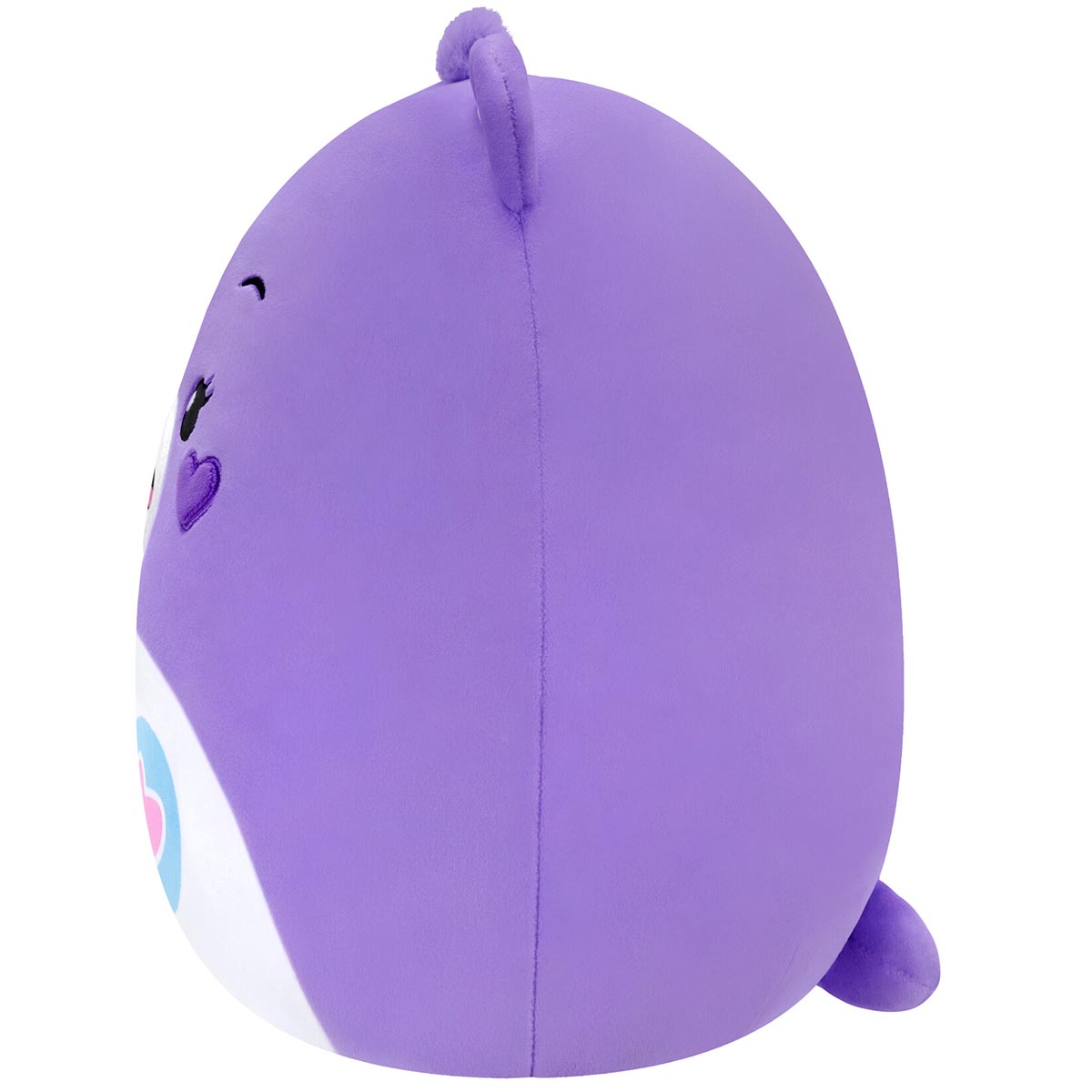 The 10-inch purple Squishmallow Share Bear plush shown in profile, highlighting the embroidered eyes, small ears, and side view of the belly patch