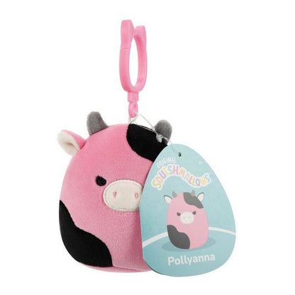 Pollyanna, a pink and black cow Squishmallows keychain with a pink clip and product tag