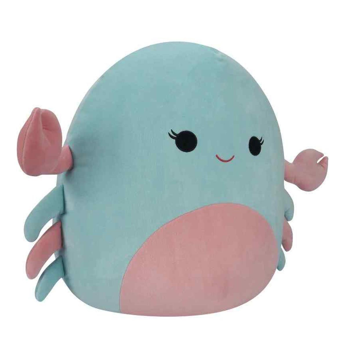 Teal and pink plush crab toy (Squishmallow) with a smiling face and large claws