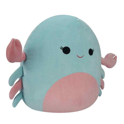 Teal and pink plush crab toy (Squishmallow) with a smiling face and large claws