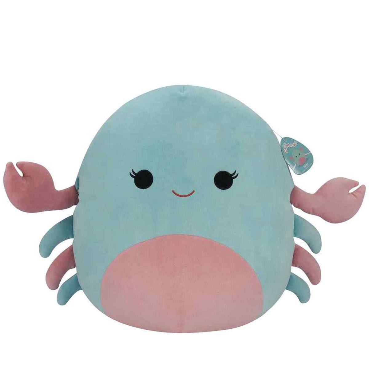 Smiling blue and pink Squishmallow plush toy shaped like a crab, with large claws and embroidered lashes