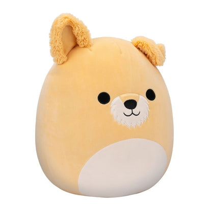 Squishmallow plush toy of a tan dog with fuzzy ears and an embroidered face