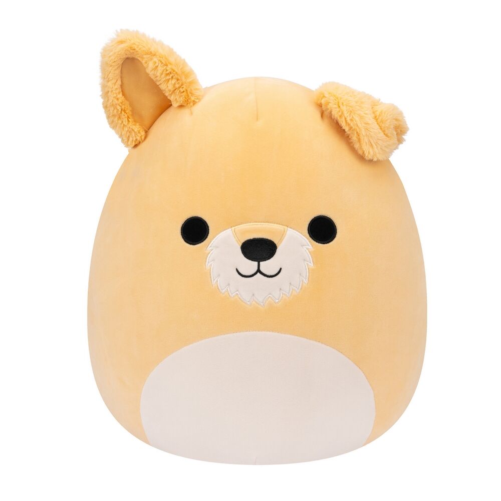 Tan dog Squishmallow plush toy with embroidered face and fuzzy pointed ears