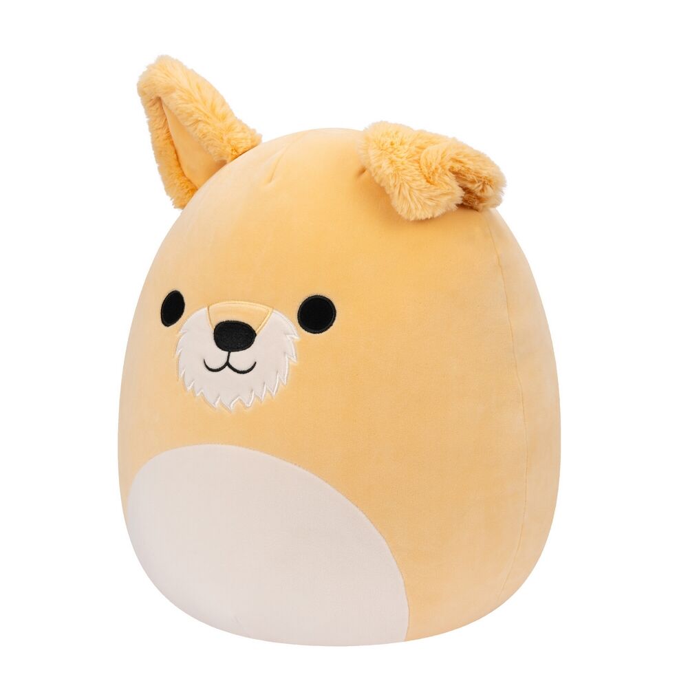 Tan, round dog Squishmallow plush toy with fluffy ears and embroidered face