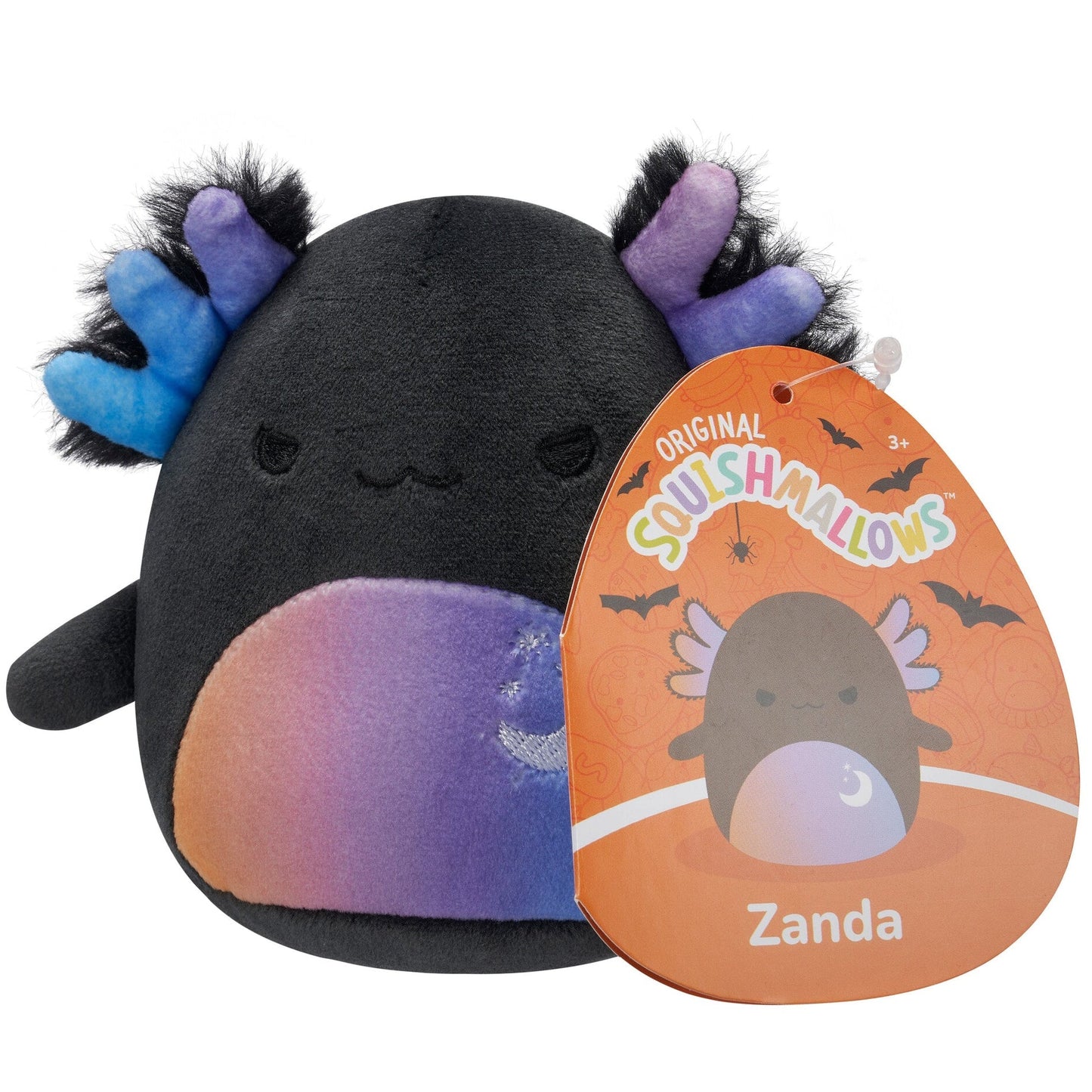A black Squishmallow axolotl plush with blue and purple gills and an orange to purple gradient belly featuring silver stars and a crescent moon