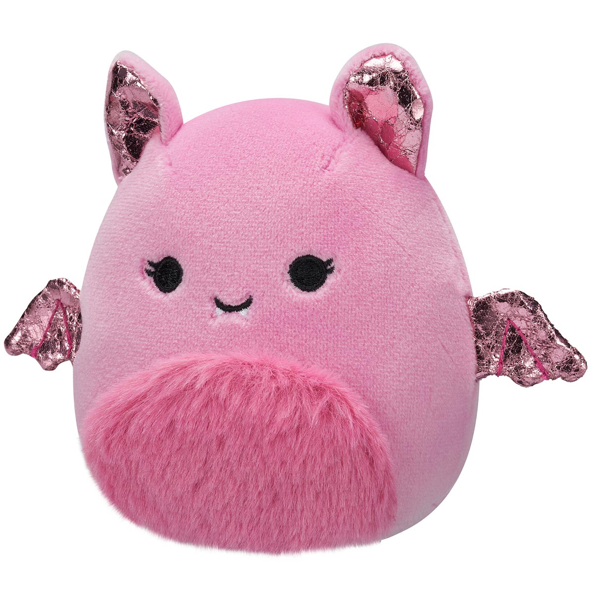 A round pink Squishmallow bat plush with metallic pink inner ears and wings, embroidered eyes and smile, and a fluffy pink belly