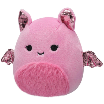 A round pink Squishmallow bat plush with metallic pink inner ears and wings, embroidered eyes and smile, and a fluffy pink belly