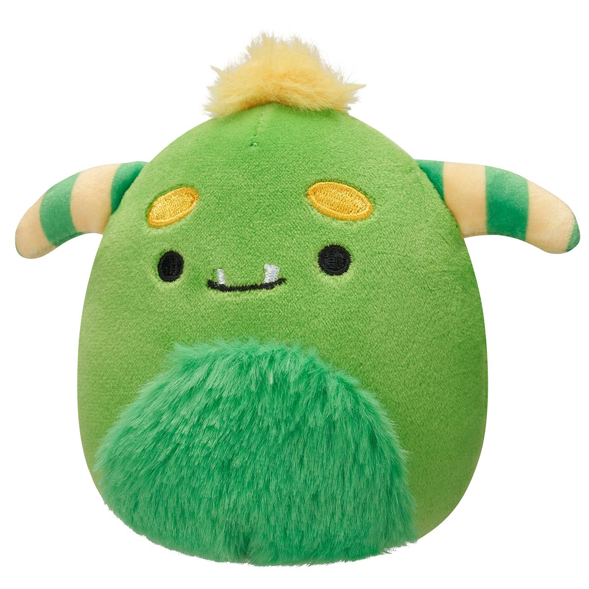 A green Squishmallow plush monster with fuzzy yellow hair, striped arms, a fluffy belly, and a small smile