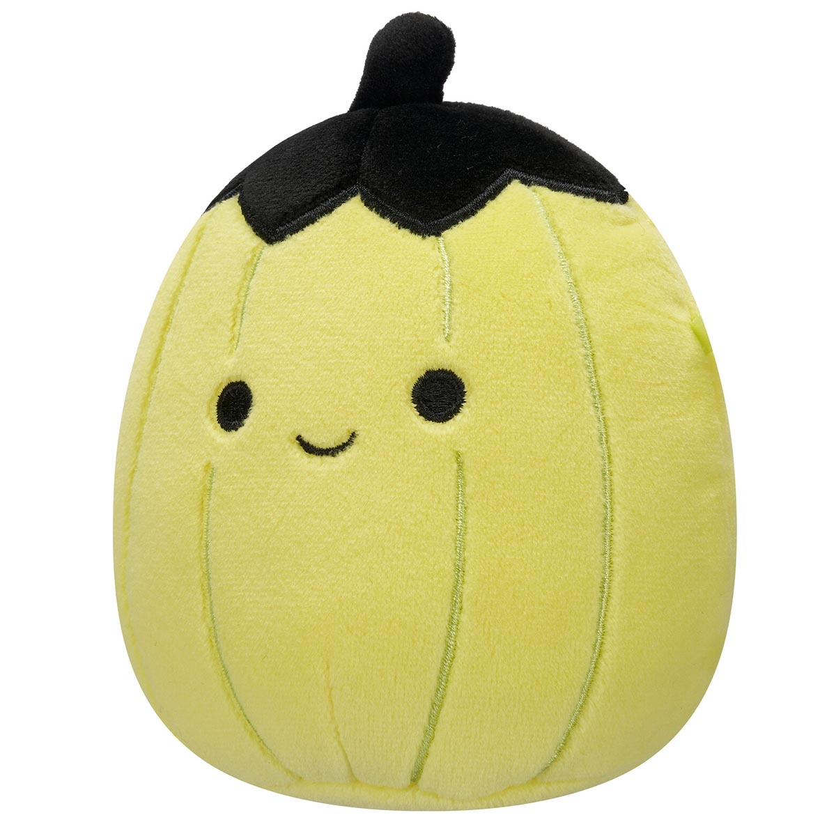 A yellow Squishmallow plush with a black cap and stem, a happy face with black eyes and a smile, and subtle vertical ridges