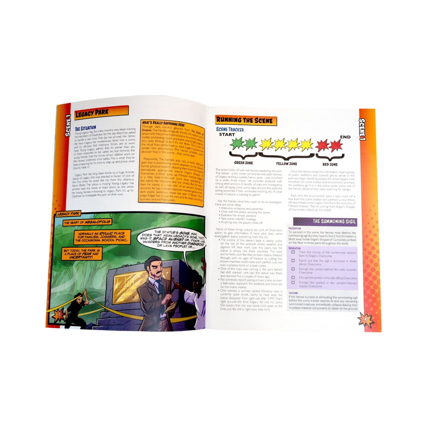 Tabletop RPG page: Two agents investigate a park crime scene, looking at a glowing pedestal where a statue is missing. Game text and tracker
