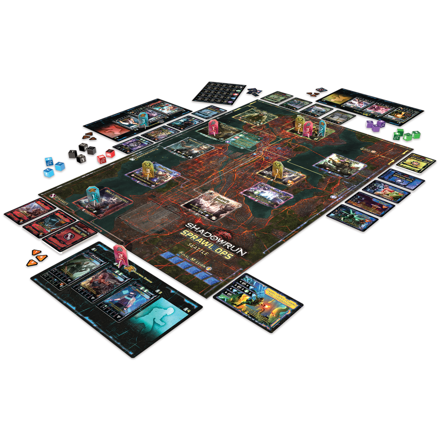 Shadowrun Sprawl Ops board game set up: city map board numerous cards dice and colored character standees