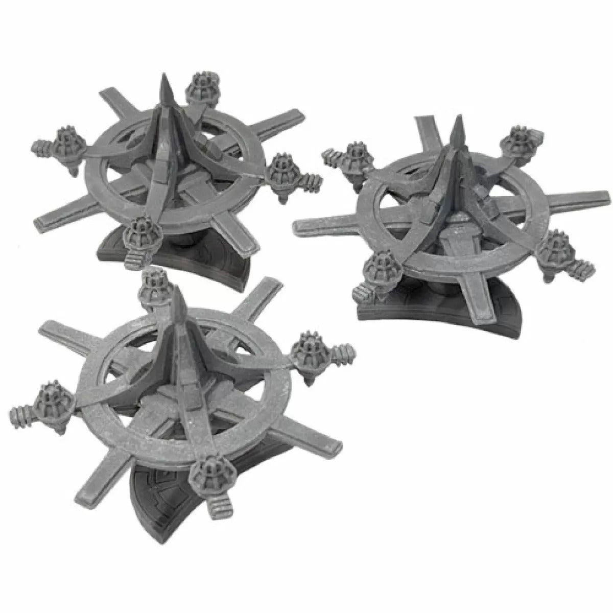 Three grey, spoked miniatures with central spires and eight nodes, standing on dark bases.