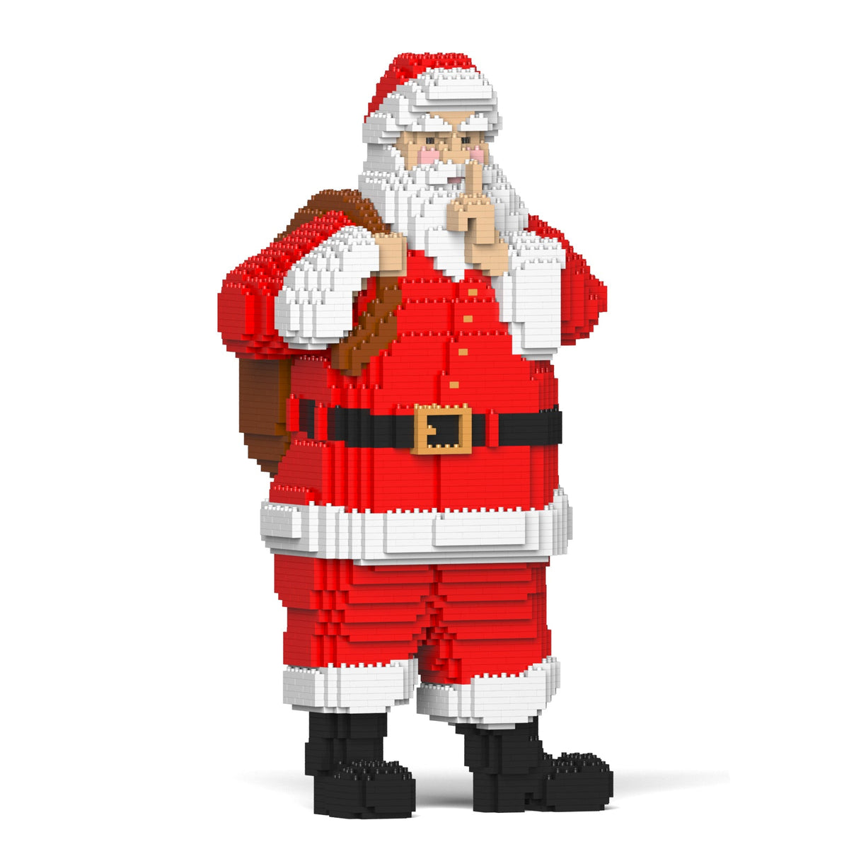 Building block Santa Claus figure with a gift sack, holding a finger to his lips in a shush gesture