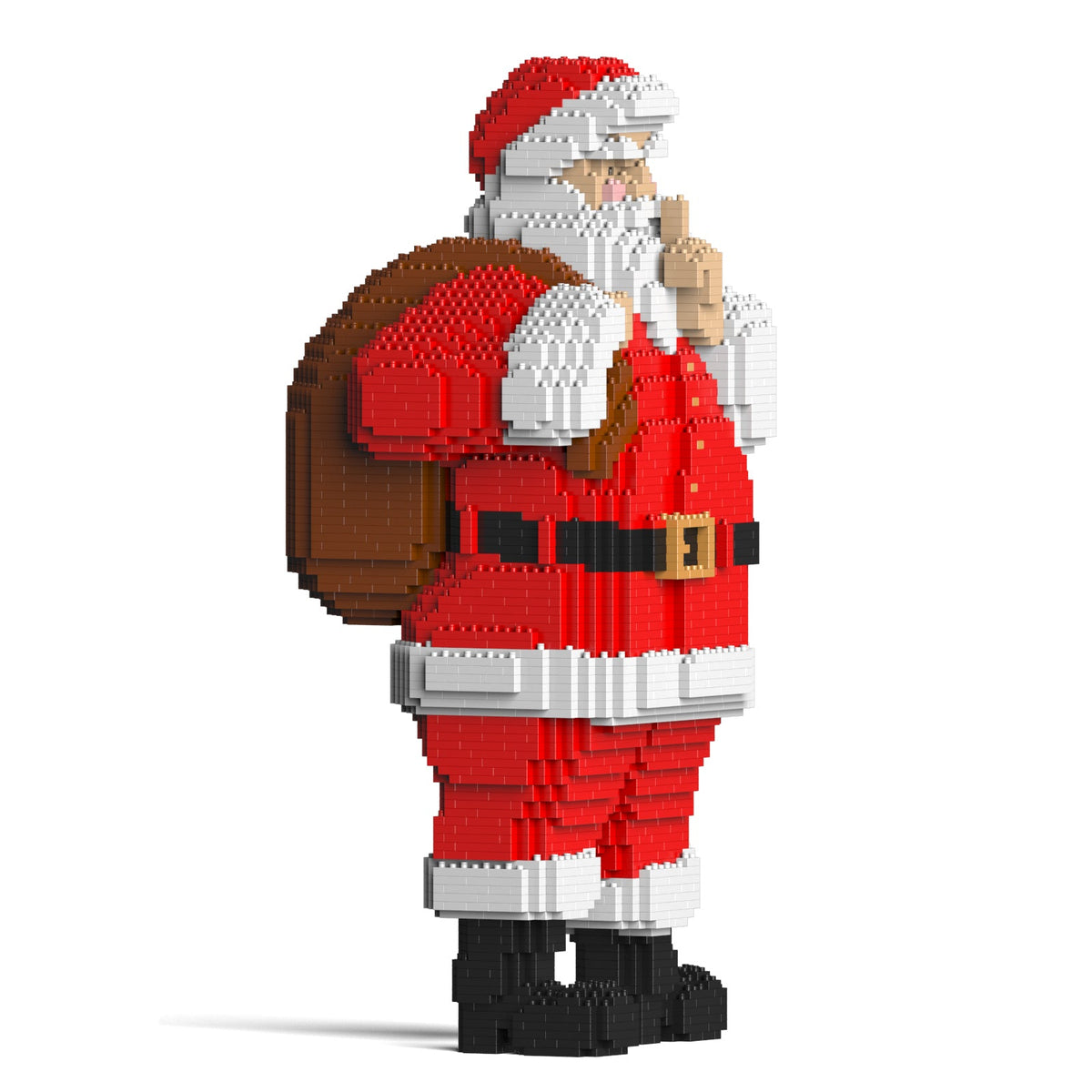 Santa Claus figure built from red and white building bricks, carrying a sack and making a shushing gesture