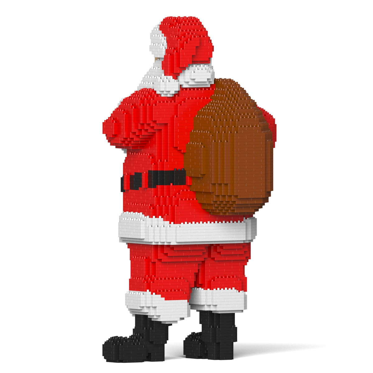 Voxel-style Santa Claus figure in red suit, seen from the back, carrying a massive brown sack