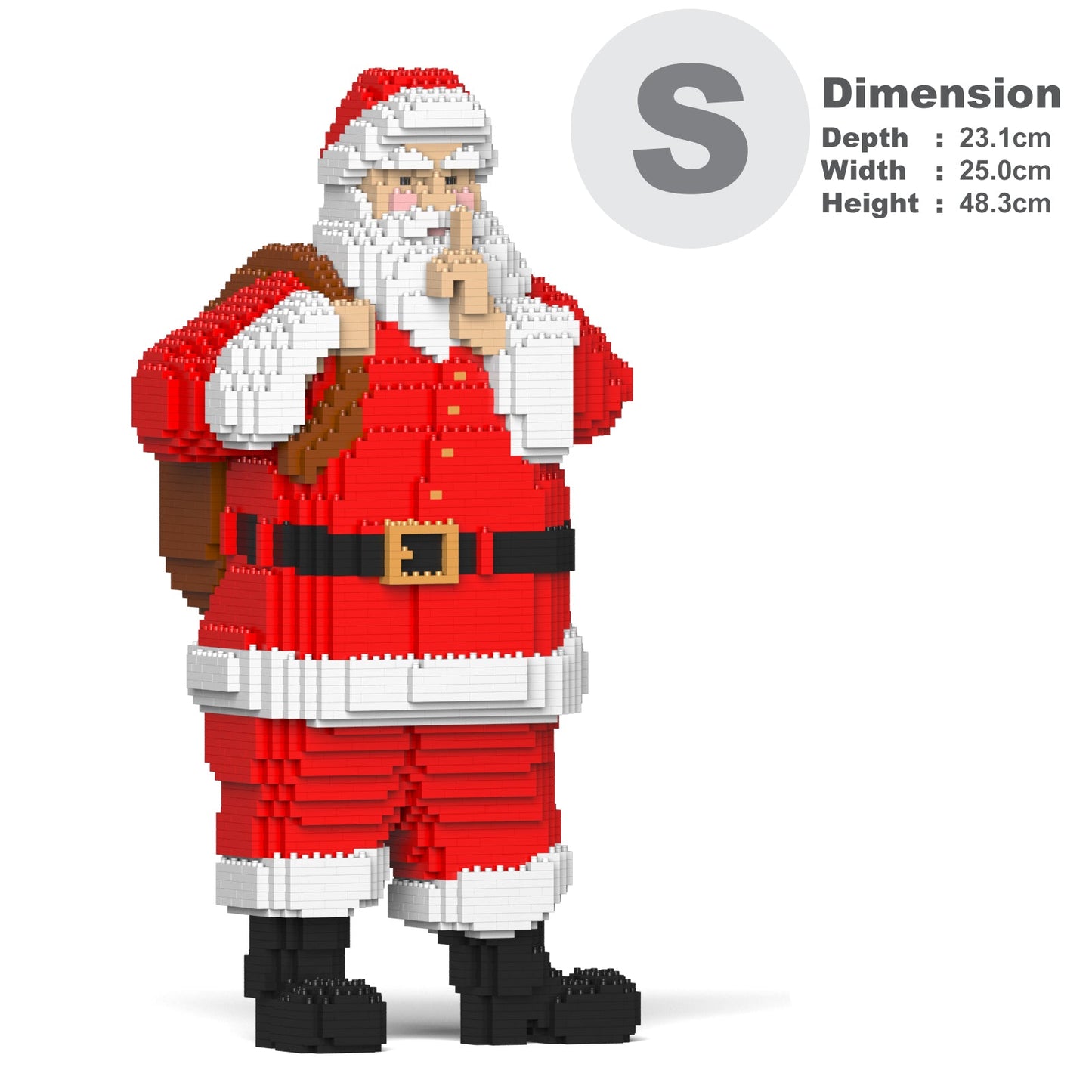Santa Claus figure built from blocks, holding finger to lips in a "shush" pose, carrying a gift sack