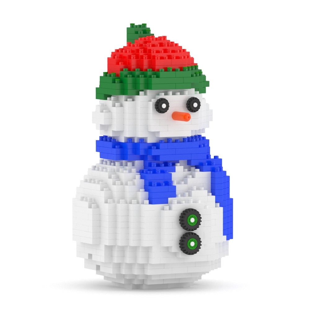 White plastic brick snowman with blue scarf and red and green hat