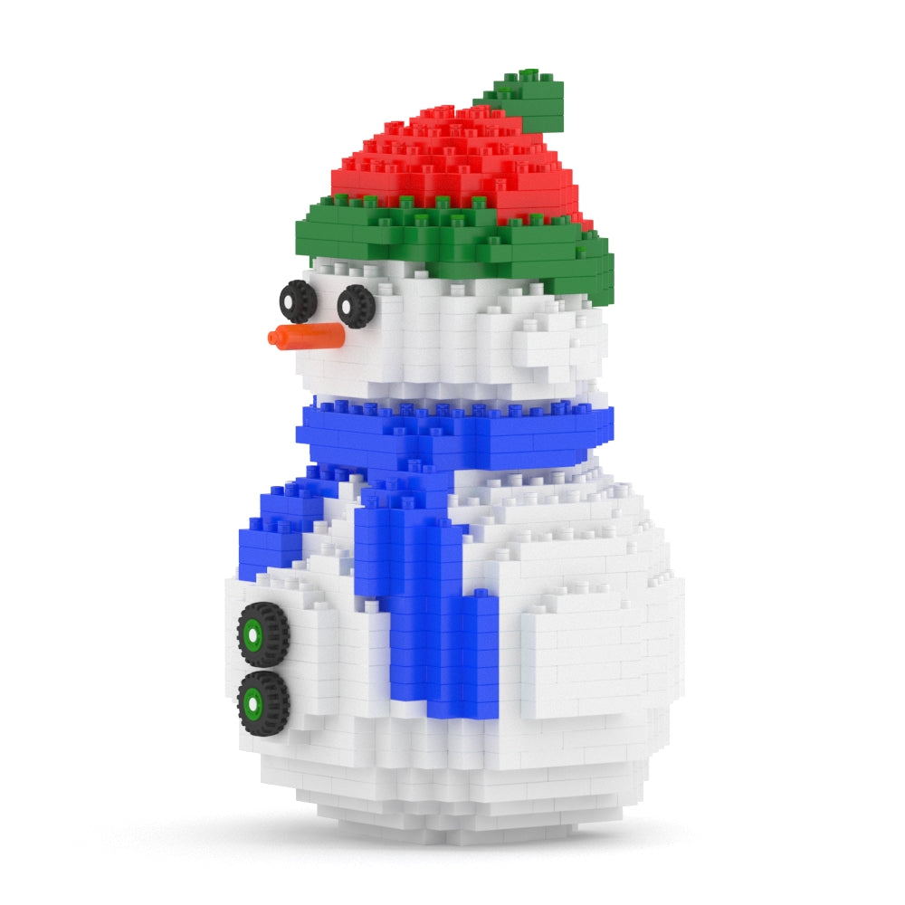 Toy block snowman figure with a red hat and blue scarf
