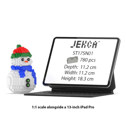 Scale comparison: A small block-built snowman next to a 13-inch iPad Pro displaying product dimensions (18.3 cm height)