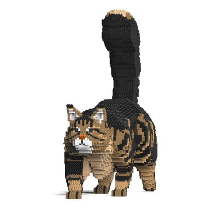 A standing voxel Maine Coon, built from brown and black bricks, with its tail straight up