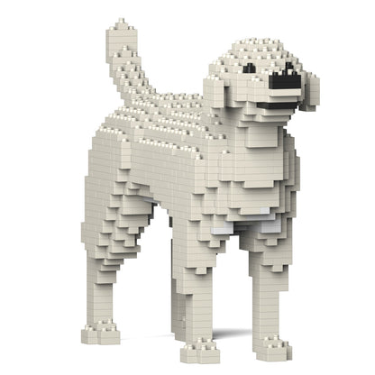 Standing Labrador Retriever figurine made of pale beige building bricks, rendered in 3D