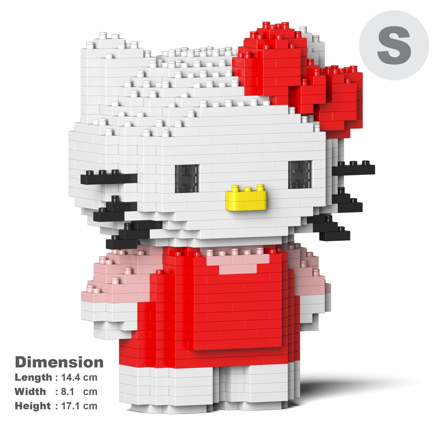 Hello Kitty construction toy figure built from interlocking micro-bricks, wearing a red dress and bow