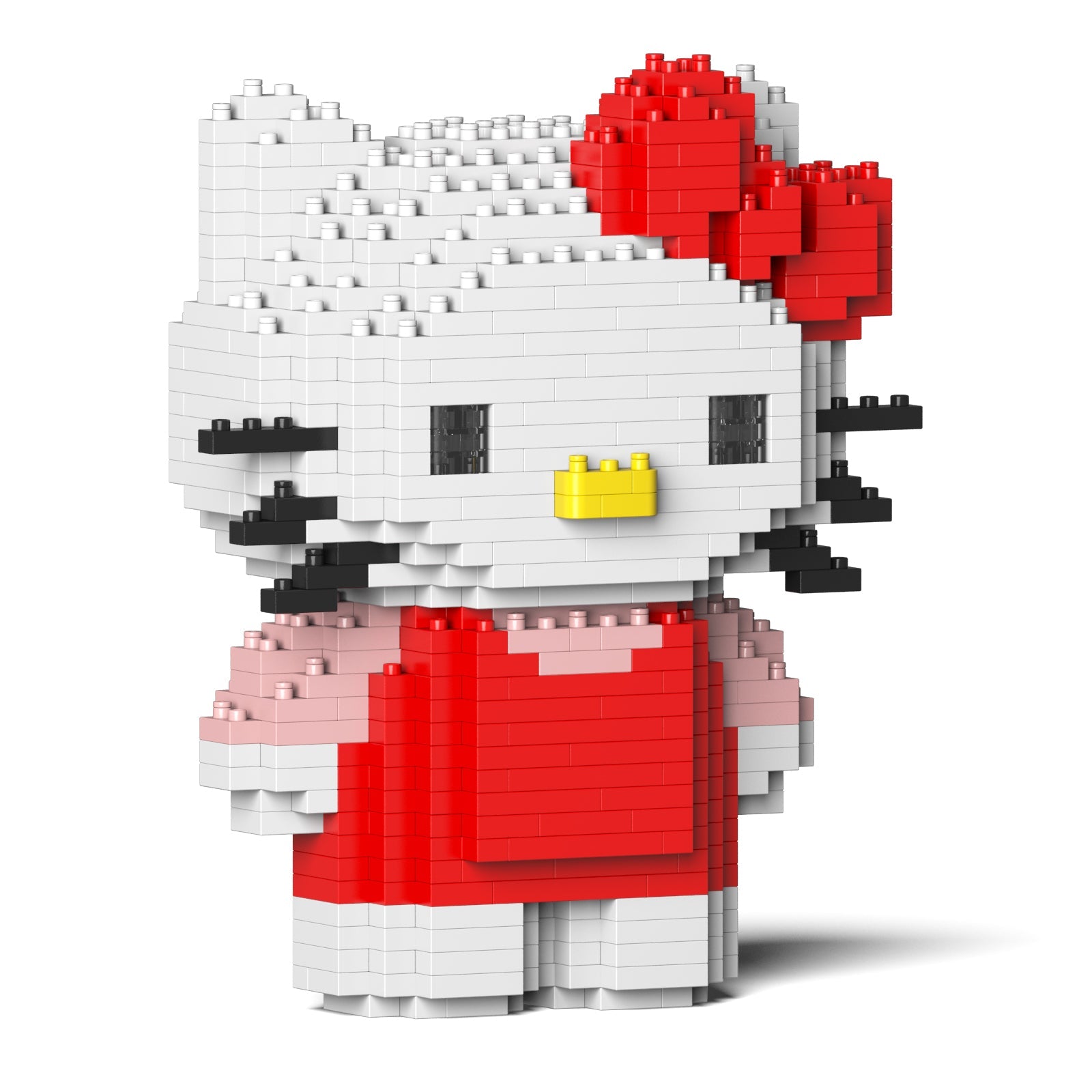 Hello Kitty figure built from plastic bricks, featuring a white head, red bow, and red dress