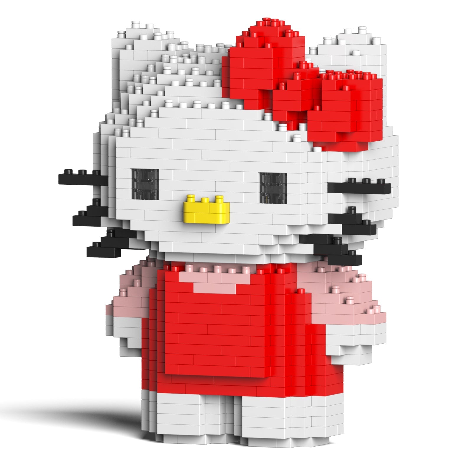 Brick-built Hello Kitty figure with a red dress, white head, and a large red bow