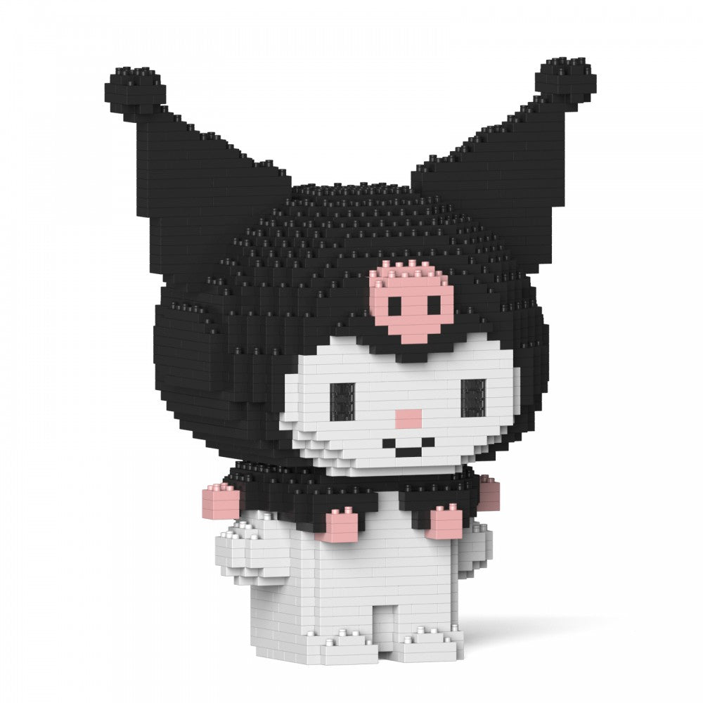 Voxel-style Kuromi figure built from black, white, and pink construction bricks