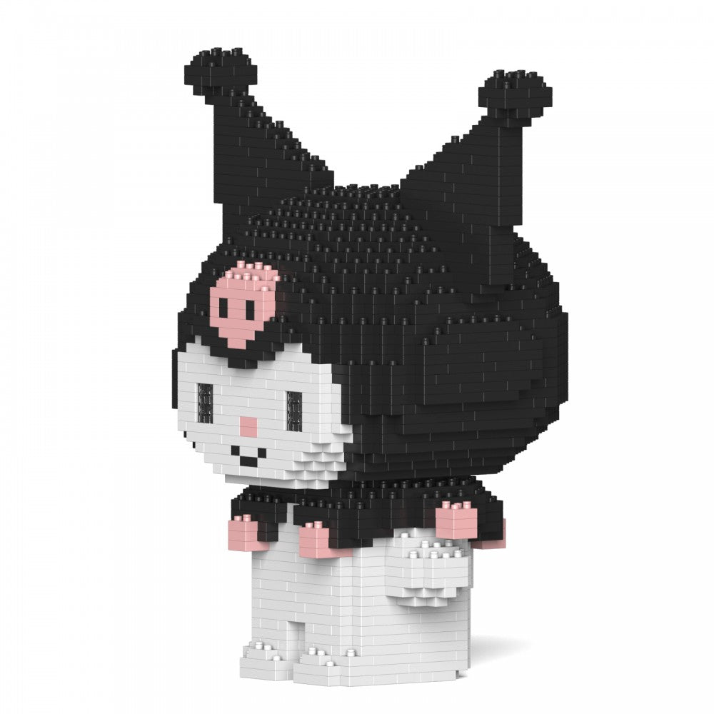 Black and white Kuromi figure assembled from interlocking bricks, featuring a pink skull and hands