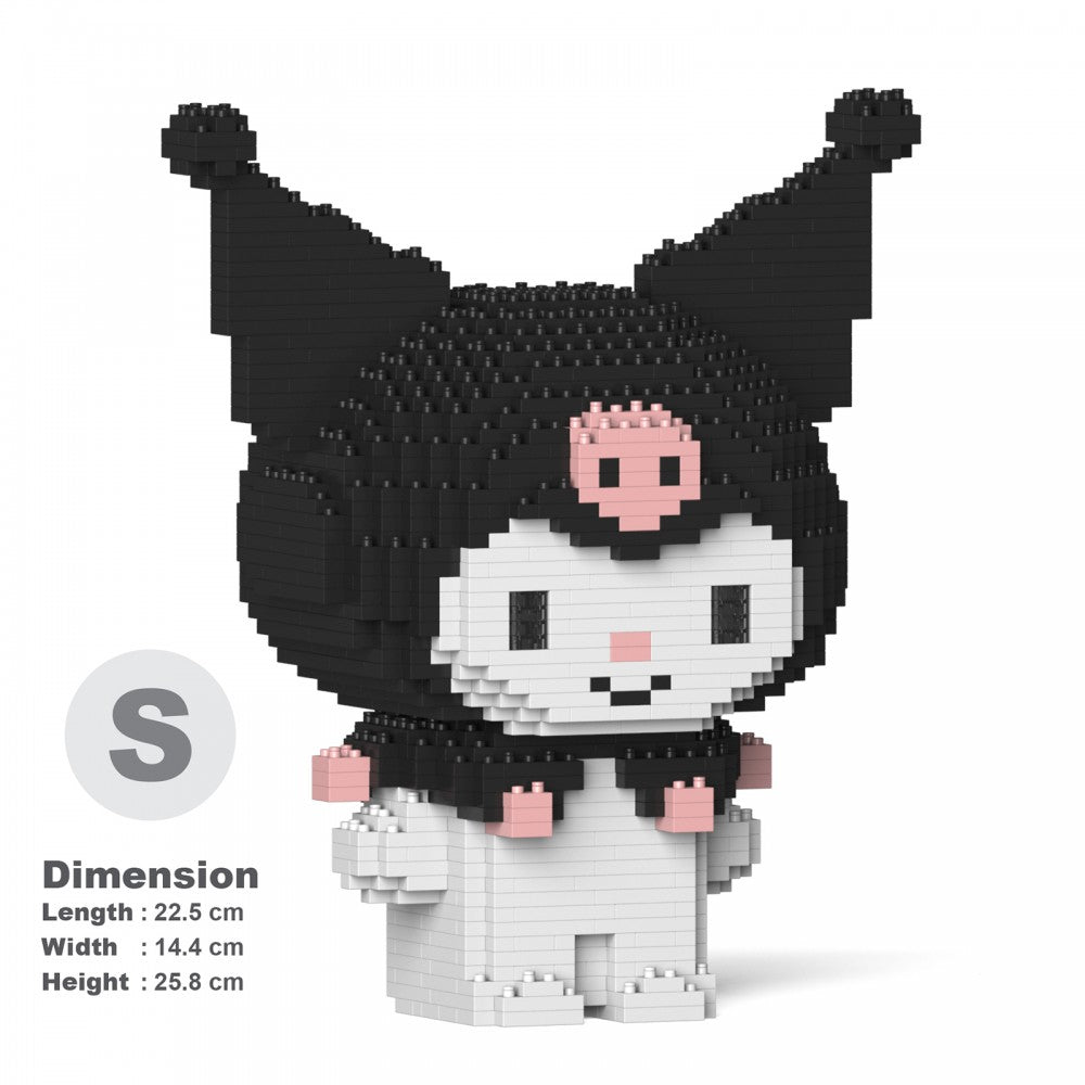 Block-built figure of Kuromi wearing her black hood with a pink skull emblem