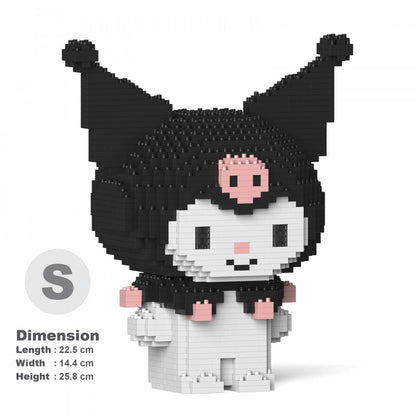 Block-built figure of Kuromi wearing her black hood with a pink skull emblem