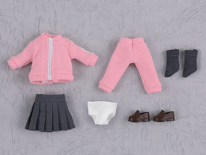 Set of doll clothes including a pink zip-up jacket pink sweatpants gray pleated skirt white underwear and brown loafer shoes