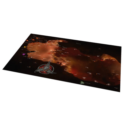 Star Trek Klingon space map showing a red nebula, multiple star systems, and the Klingon emblem