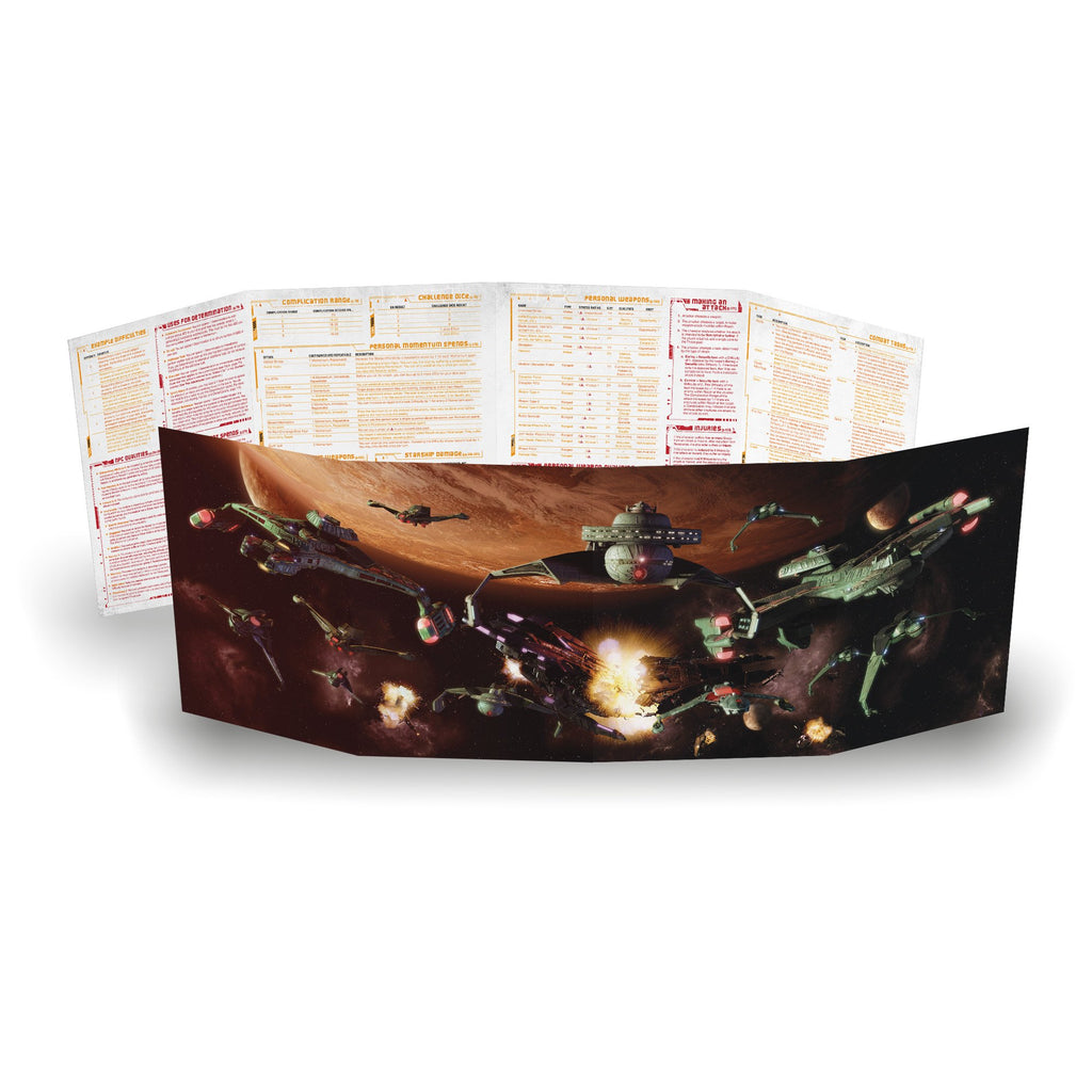 A folded sci-fi RPG screen. Front: an intense space battle with warships, laser fire, explosions, and a red planet. Reverse: rules tables