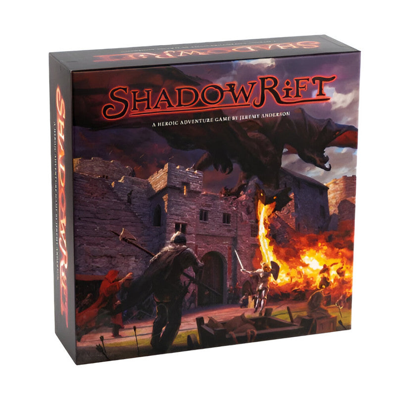 Shadowrift 2nd Edition board game box, featuring a dragon breathing fire on a castle and heroes battling amidst flames