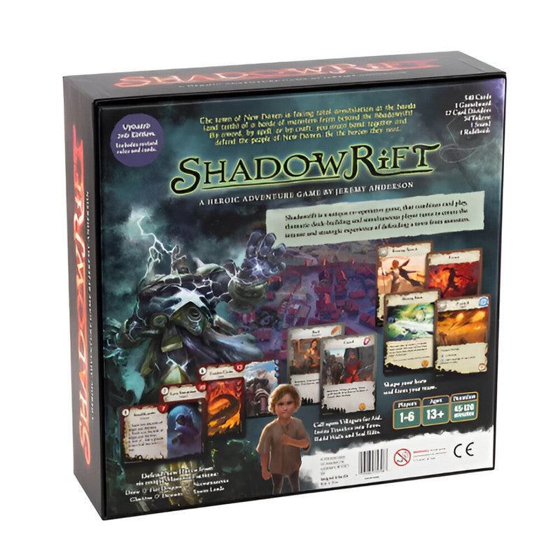 Back of the &quot;Shadowrift 2nd Edition&quot; fantasy adventure board game box, featuring a large monster, game cards, and game details