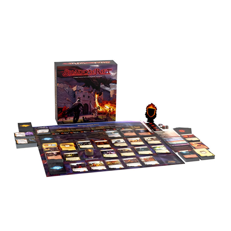 Shadowrift 2nd Edition fantasy board game set up, showing its box, board, cards, and flame-shaped token