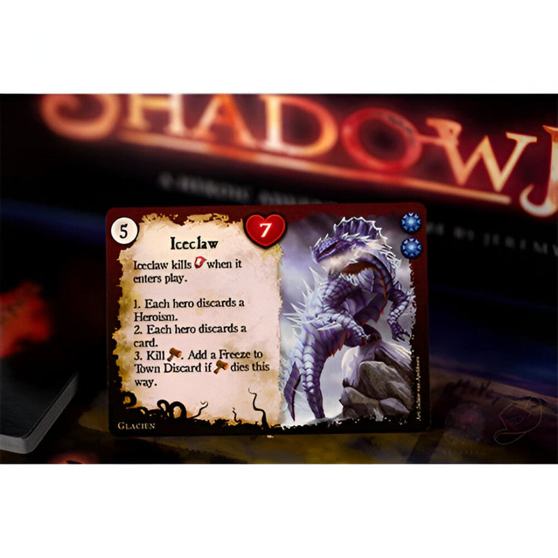 A game card shows a spiky, reptilian &#39;Iceclaw&#39; monster, with the word &#39;SHADOWS&#39; blurred in the background