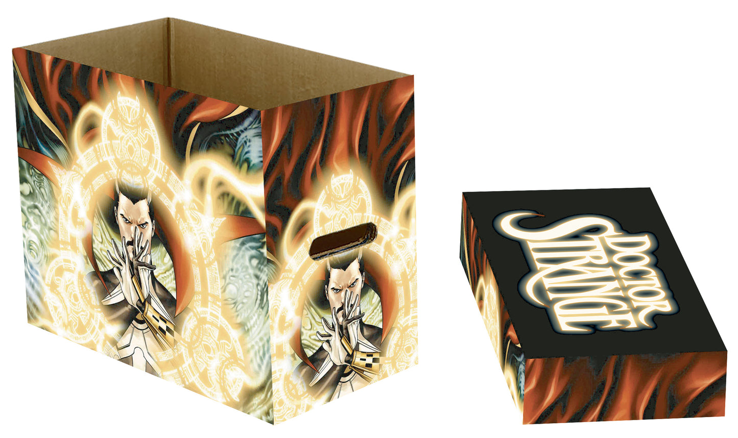 Open comic book long box and smaller closed box featuring Doctor Strange casting golden magic. The small box reads 'Doctor Strange'