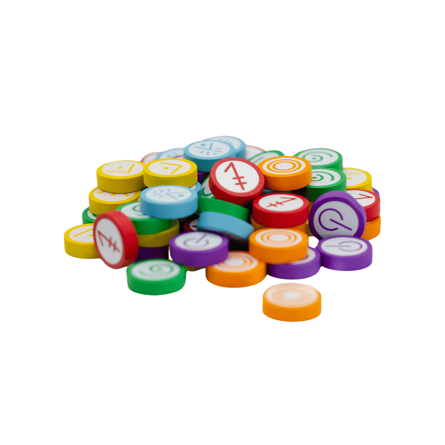 Pile of colourful wooden game tokens marked with various white symbols and runes