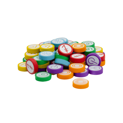 Pile of colourful wooden game tokens marked with various white symbols and runes