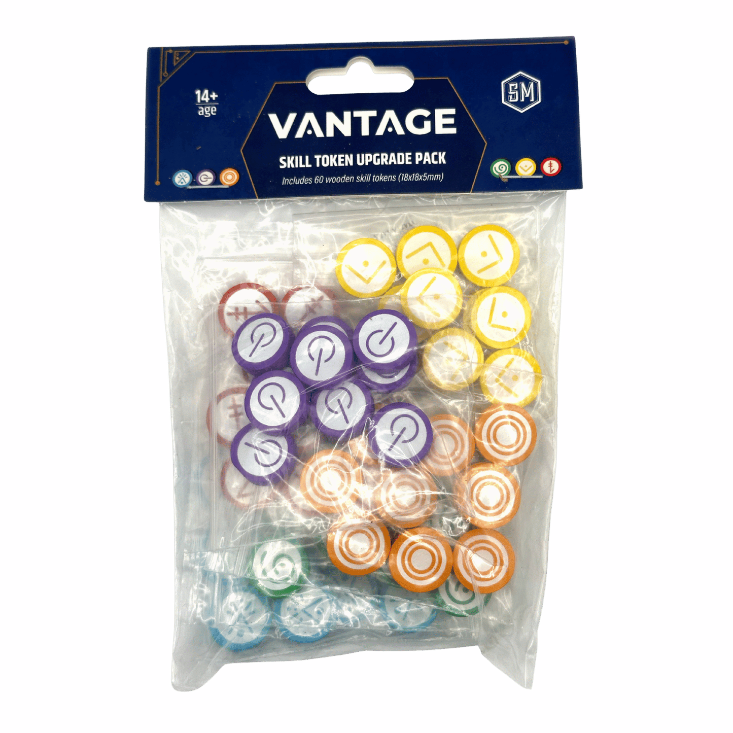 Vantage Skill Token Upgrade Pack, 60 multi-coloured wooden board game tokens sealed in plastic packaging