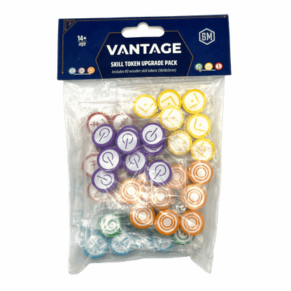 Vantage Skill Token Upgrade Pack, 60 multi-coloured wooden board game tokens sealed in plastic packaging