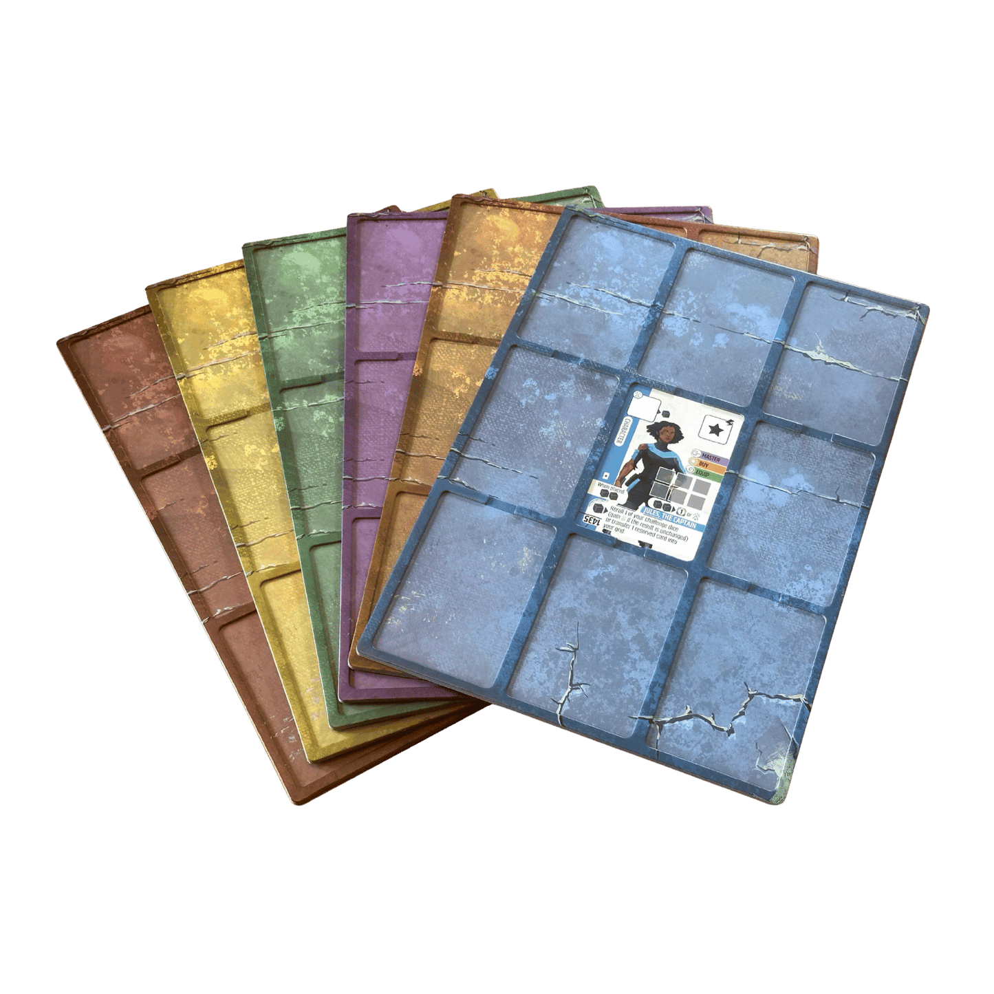 Colourful set of six tabletop game boards in a fan shape, featuring distressed grid artwork and a character player mat on top