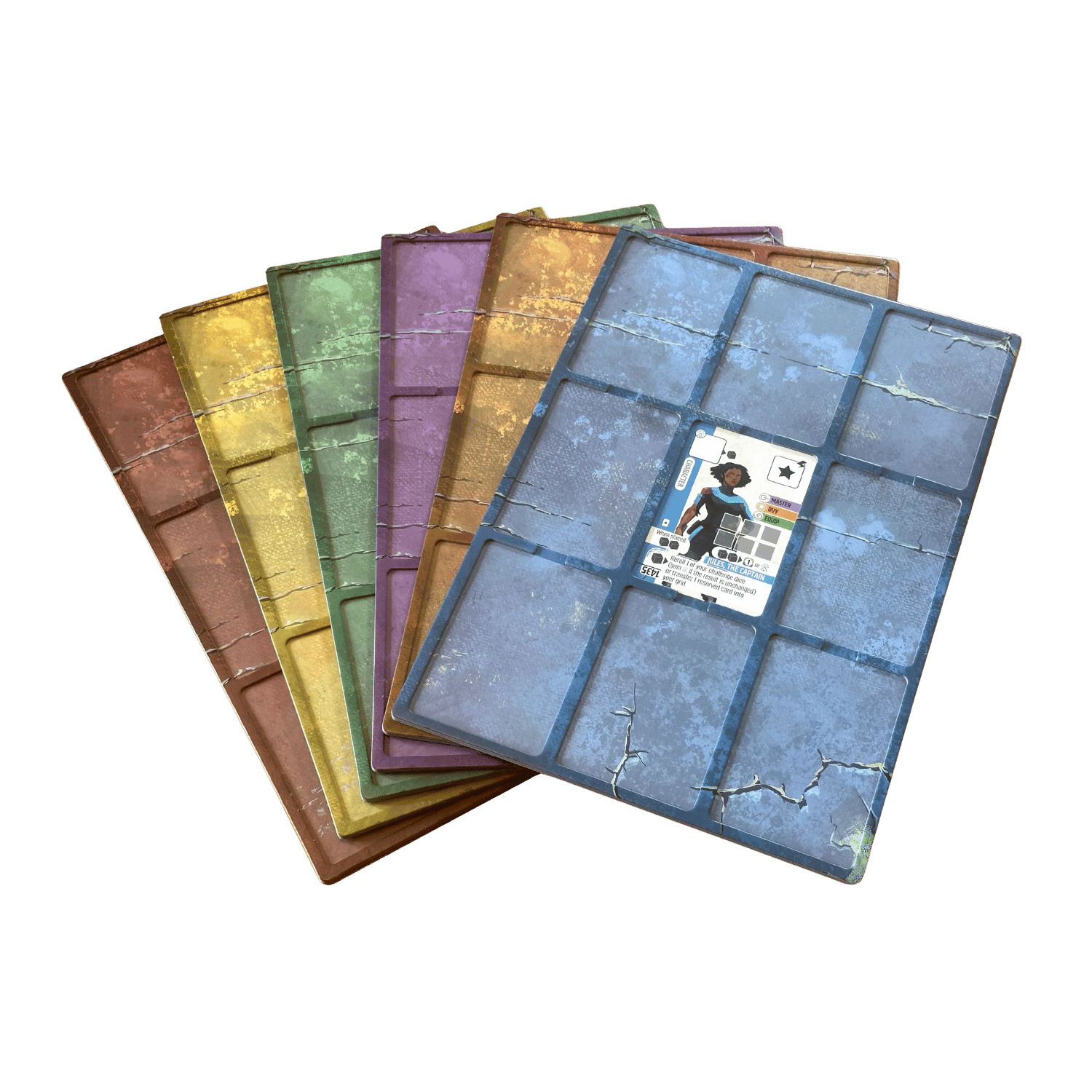 Colourful set of six tabletop game boards in a fan shape, featuring distressed grid artwork and a character player mat on top