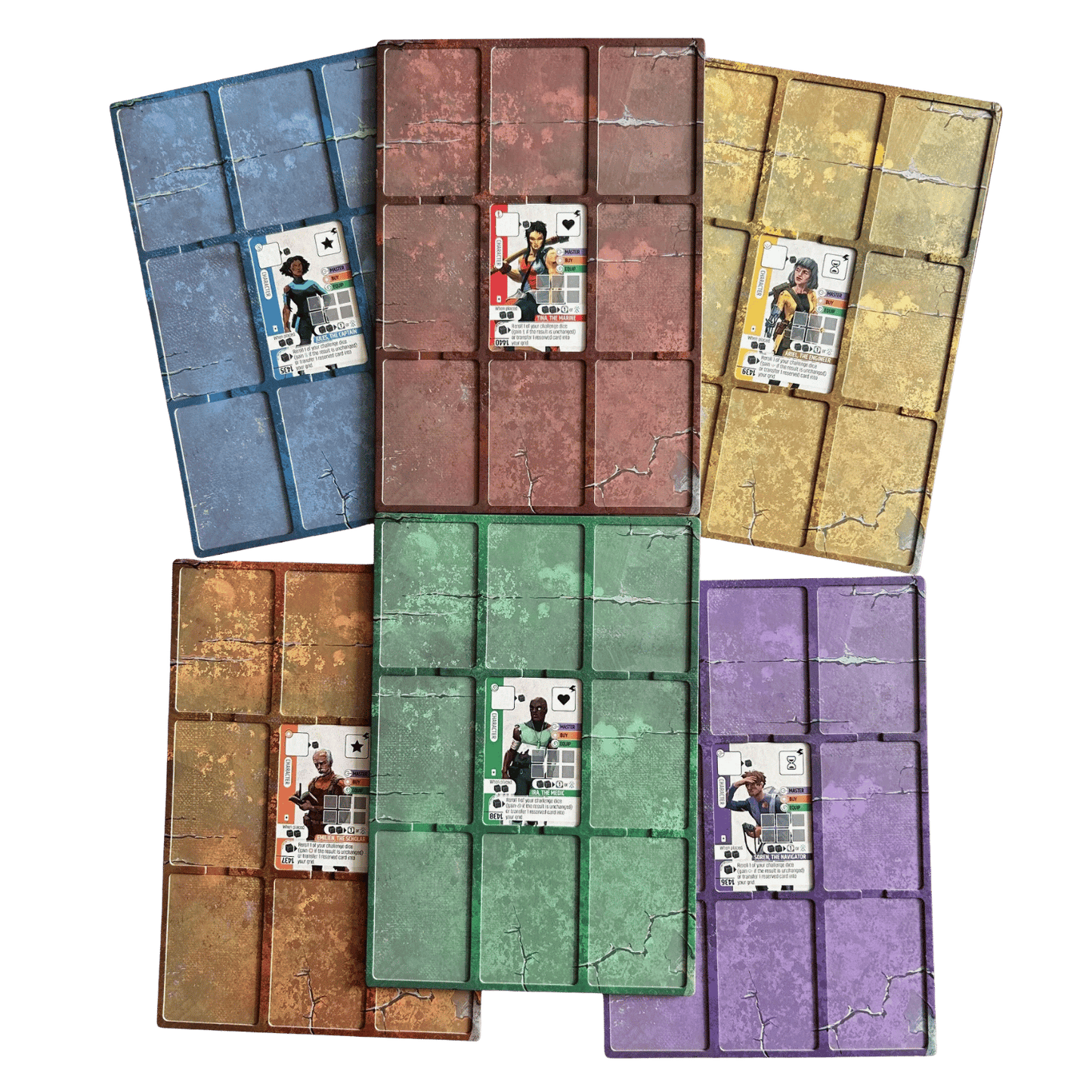 Five colourful, weathered board game player mats with grid patterns (blue, red, gold, green, purple), each displaying a character card