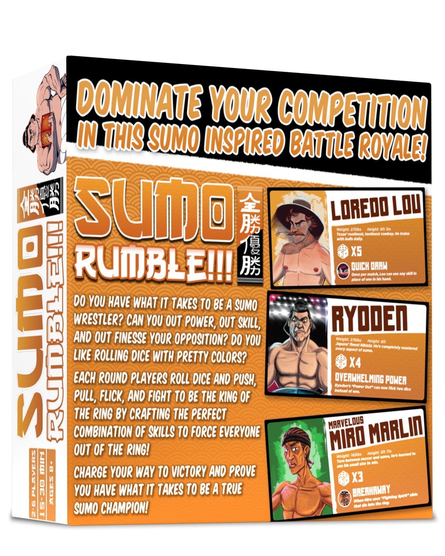 Sumo Rumble game box featuring wrestler illustrations and gameplay descriptions