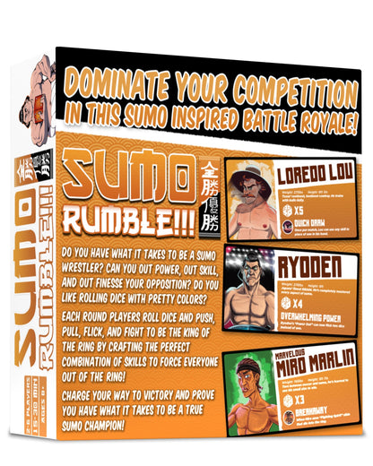 Sumo Rumble game box featuring wrestler illustrations and gameplay descriptions