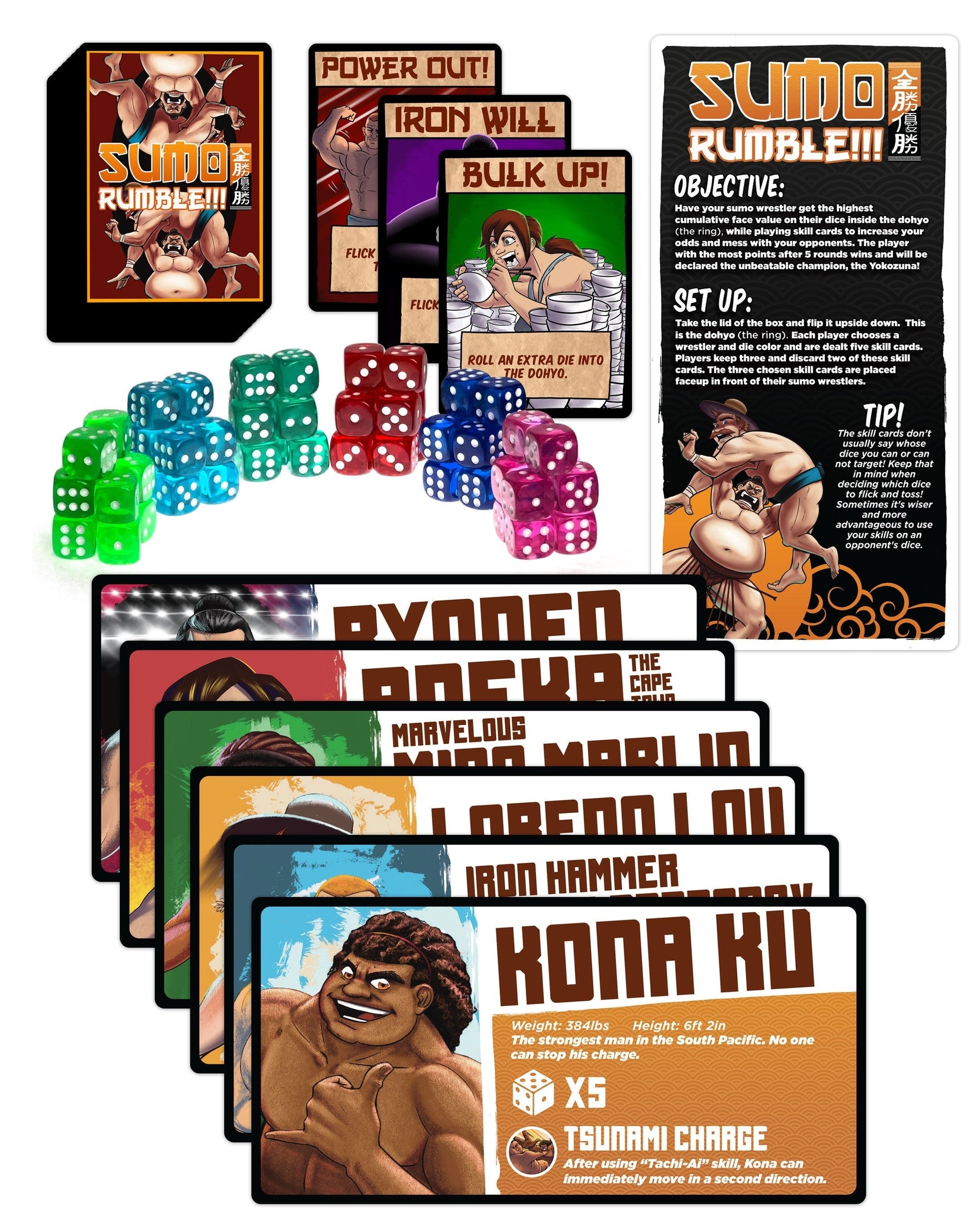 Sumo Rumble board game set with sumo wrestler skill cards dice game rules and objective card